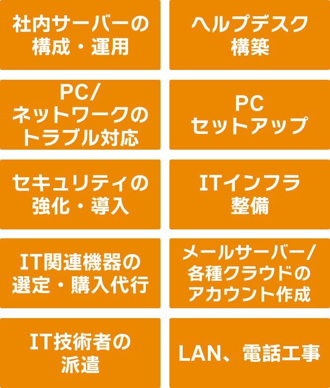 社内サーバーの構成・運用　PC/ネットワークのトラブル対応　セキュリティの強化・導入　IT関連機器の選定・購入代行　IT技術者の派遣　PCセットアップ　ヘルプデスク構築　ITインフラ整備　メールサーバー/各種クラウドのアカウント作成　LAN、電話工事